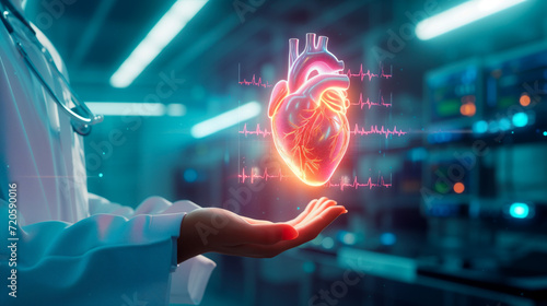 Holographic Heart Diagnostics. Doctor examining a holographic human heart with ECG in a high-tech lab.Concept photo