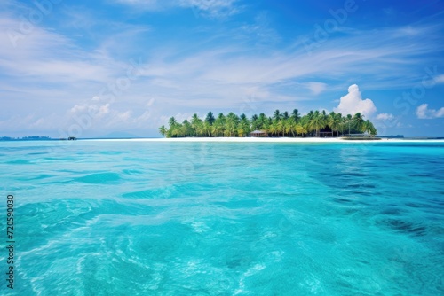 Discover the tranquility of a small island surrounded by endless ocean, an idyllic escape from the busy world, The Maldives sea scenery, AI Generated
