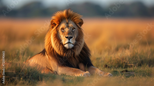 A majestic African lion lounging in the savannah with a golden mane and piercing gaze. © Sebastian
