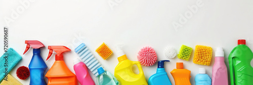 a set of cleaning products, laid out along the outline at the bottom, empty space for text at the top