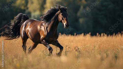 A majestic horse galloping freely across a field its mane flowing in the wind embodying strength and grace.