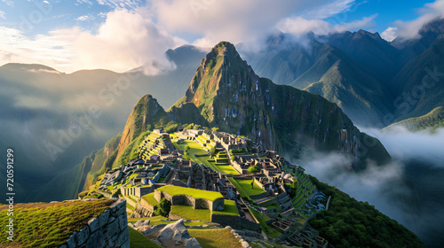 A majestic view of Machu Picchu at sunrise with ancient ruins and misty mountains in the background.