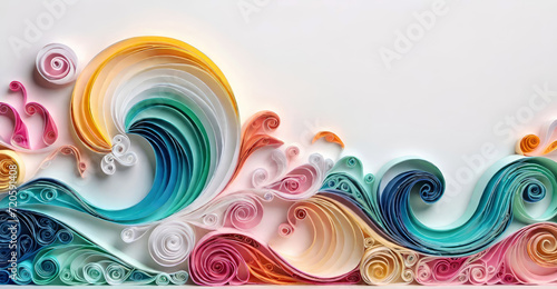 Quilling colorful 3D paper waves abstract pastel background on white with copy space for design and interior art decor. AI generated. photo
