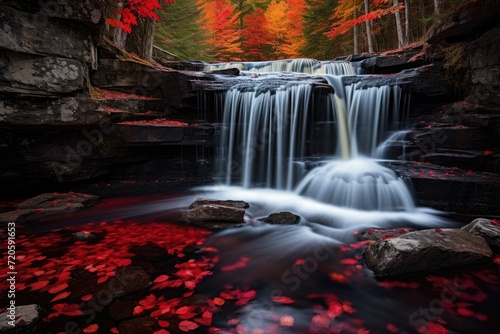 Majestic Waterfall Surrounded by Vibrant Red Leaves in Forest, The red maple leaves frame this beautiful waterfall in Algonquin Park at the peak of the fall colors, AI Generated