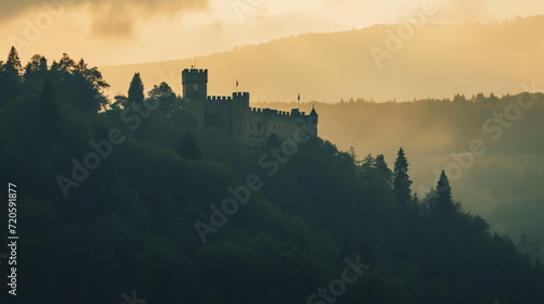 A medieval castle perched atop a hill surrounded by a dense forest and a moat exuding a sense of history and mystery.