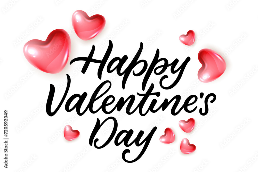 Happy Valentines Day hand drawn calligraphy lettering with red realistic 3d glass hearts. Vector holiday design elements