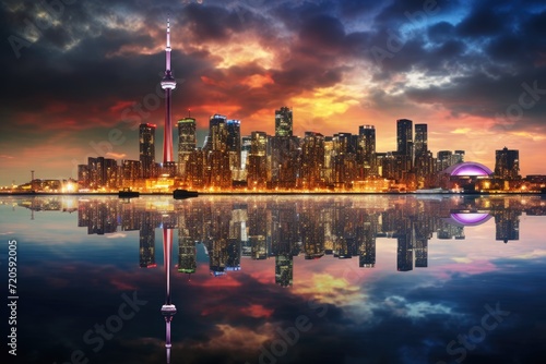 An urban landscape reflected in the serene waters, showcasing the stunning beauty and harmony between city and nature, Toronto City Skyline Reflection, AI Generated
