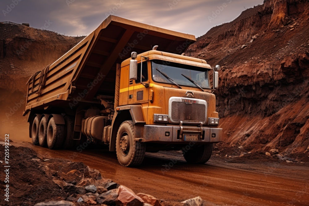 A dump truck is seen driving down a dirt road in this image, Truck for loading bulk cargo of iron ore at a construction site, AI Generated