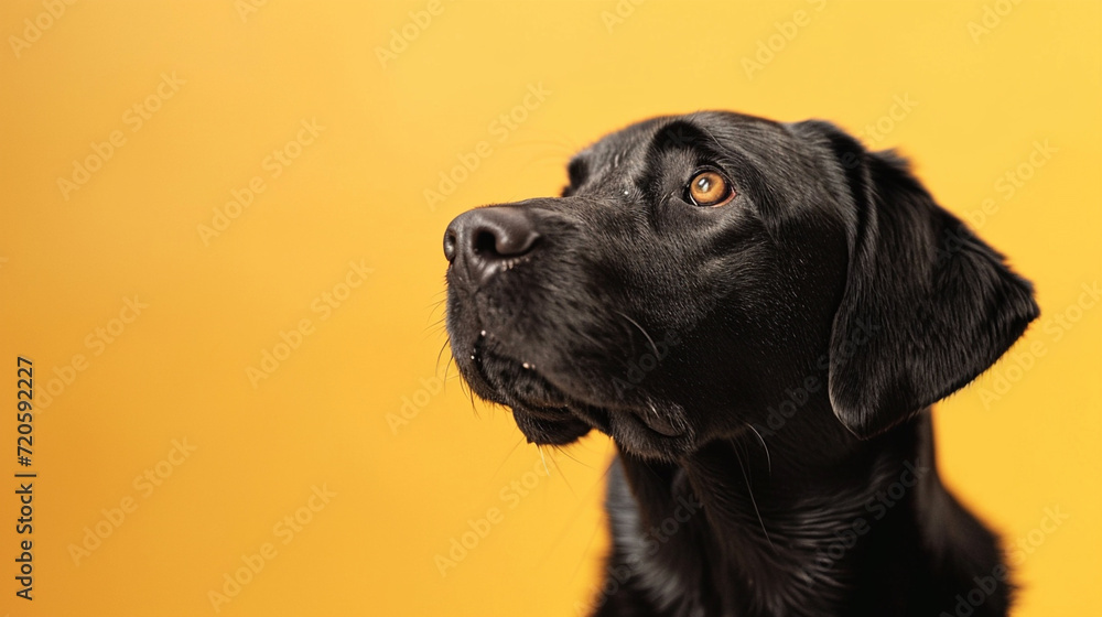 Black handsome dog Labrador retriever sitting looking up or waiting for food 12 months old isolated on a yellow background with copy space.Concept pets love, animal life, humor, raising dogs. Black handsome dog Labrador retriever sitting looking up or waiting for food 12 months old isolated on a yellow background with copy space.Concept pets love, animal life, humor, raising dogs.