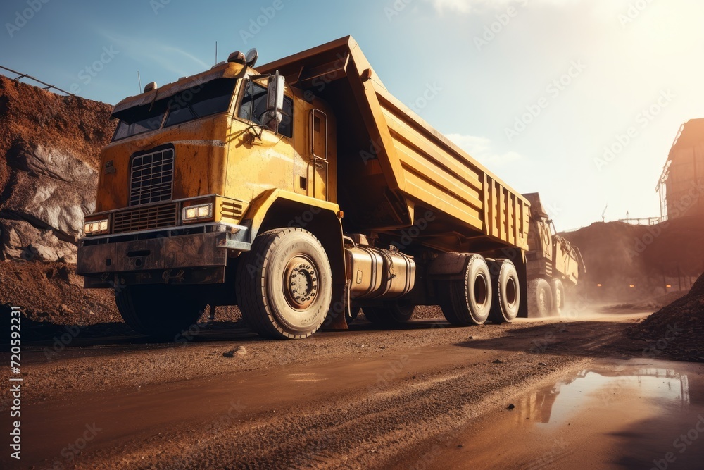 A dump truck drives along a dirt road, transporting heavy loads of material, Truck for loading bulk cargo of iron ore at a construction site, AI Generated A dump truck drives along a dirt road, transporting heavy loads of material, Truck for loading bulk cargo of iron ore at a construction site, AI Generated