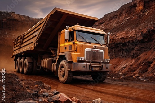 A dump truck is seen driving down a dirt road in this image, Truck for loading bulk cargo of iron ore at a construction site, AI Generated