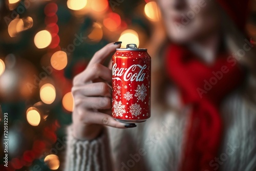 MYKOLAIV, UKRAINE - January 01, 2021: Woman with can of Coca-Cola against blurred Christmas tree at home, closeup