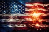 An American flag with a vibrant fireworks display erupting in the background, United States of America flag with a fireworks background, Independence day or 4th of July, AI Generated
