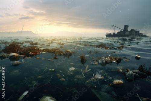 Polluted Sea, Global Pollution Concept, Plastic ecology ocean sea water underwater pollution trash. Eco world problem,Ai generated © Tanu