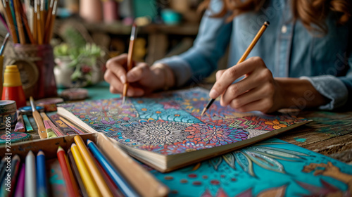 A mindful coloring session with intricate adult coloring books surrounded by art supplies.