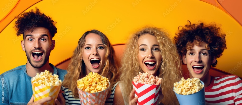 Group of young people was watching a movie while eating popcorn
