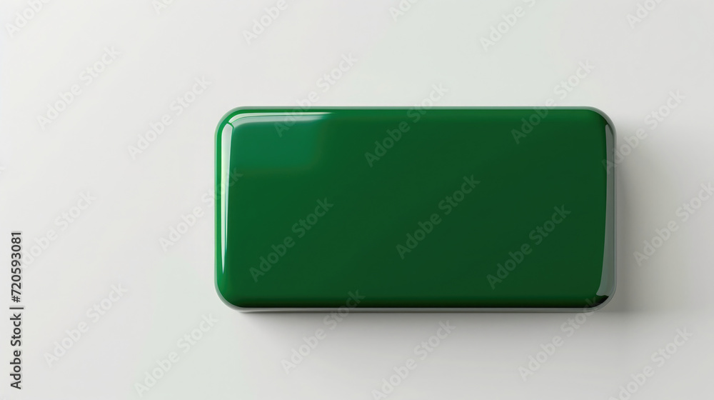 Blank plastic 3D button in the shape of a rectangle, green glossy dark color on a white background Blank plastic 3D button in the shape of a rectangle, green glossy dark color on a white background
