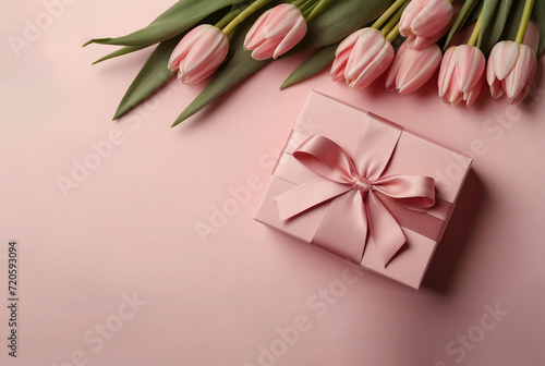 Mother's Day concept. Top view photo of stylish pink giftbox with ribbon bow and bouquet of tulips on isolated pastel pink background with copyspace © Natalia Prasm
