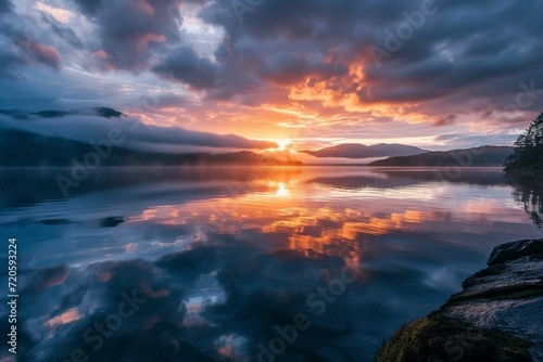 Panorama of beautiful sunrise over lake