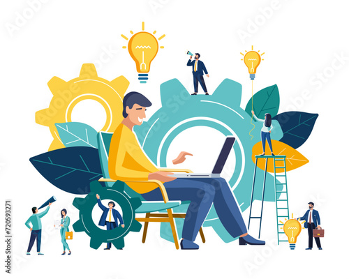 Vector creative illustration of business graphics. Teamwork, the company participates in the joint construction of business, raising careers to success.Person's head is full of ideas, people, thoughts