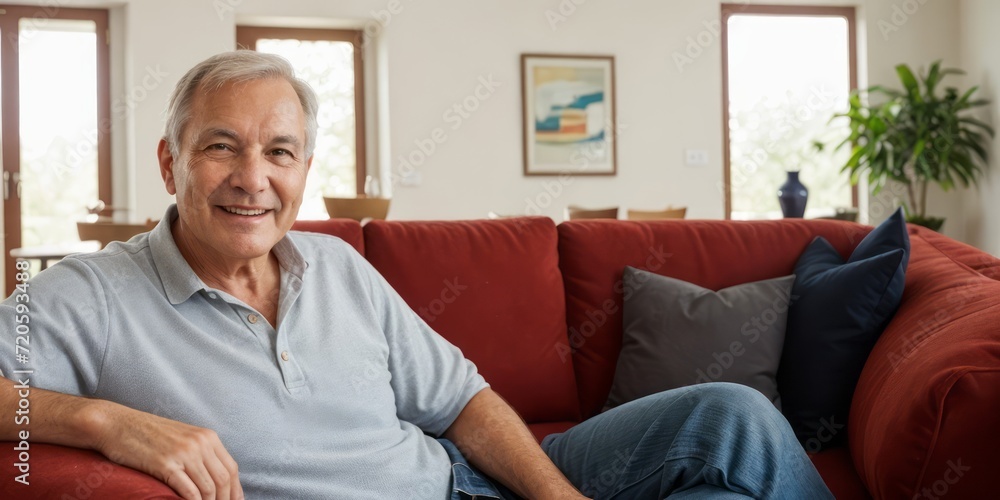 A joyful senior man comfortably seated on a vibrant red couch, in a cozy, light-filled living room. A joyful senior man comfortably seated on a vibrant red couch, in a cozy, light-filled living room.
