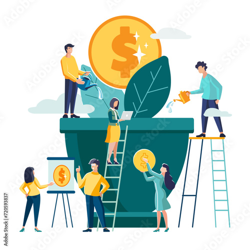 Vector illustration. People grow plants in pots, a metaphor for the birth of money, teamwork. Business concept analysis, financial development. Idea of graphic design project activity, brainstorming