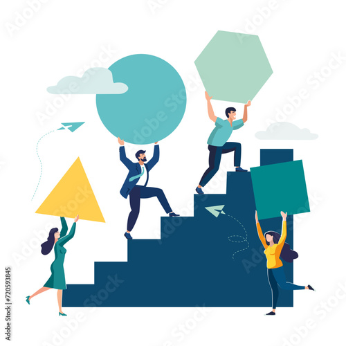 Businessman carries a sphere up the stairs and races against a group of other not-so-lucky guys pushing geometric shapes. Business innovation concept, winning strategy, efficiency. Vector illustration