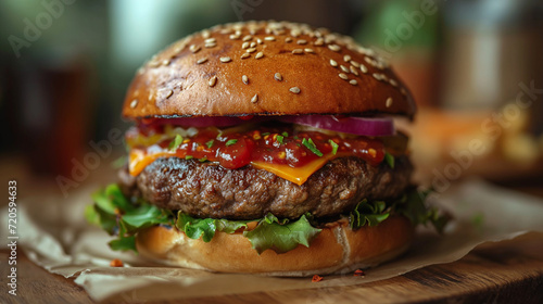 delicious homemade burger of beef, cheese and vegetables on a wooden table. Fat unhealthy food, close-up. 