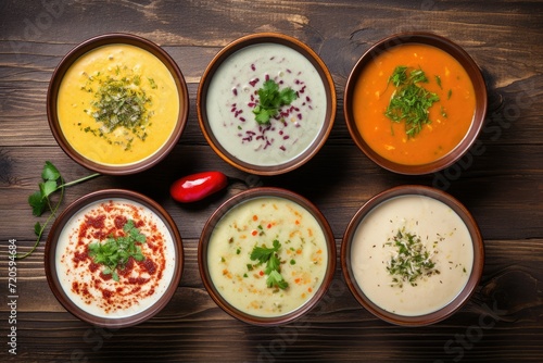 Bowls of different soups on wooden backgrounds, Assortment of colored vegetable cream soups, Dietary food, soup with cream and parsley, Ai generated