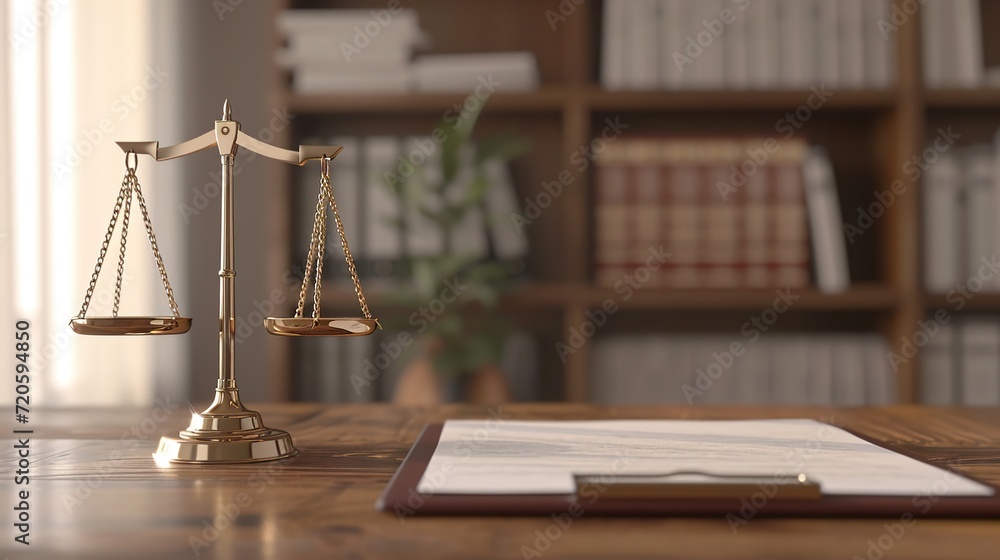 Close-up of justice scale on table in courtroom with legal book library in the background. Close-up of justice scale on table in courtroom with legal book library in the background.