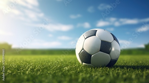 Close-up a soccer ball on lush green field soccer stadium background, with copy space. © meta