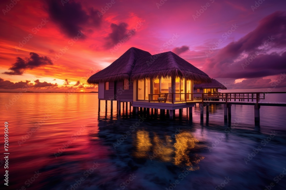 House Sitting Atop Body of Water, Tranquil and Serene Home by the Lake, Water bungalow, Sunset on the islands of the Maldives, A place for dreams, AI Generated