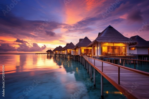 A serene landscape featuring a wooden dock guiding towards a picturesque row of huts built over the water  Water villas on Maldives resort island in the sunset  AI Generated