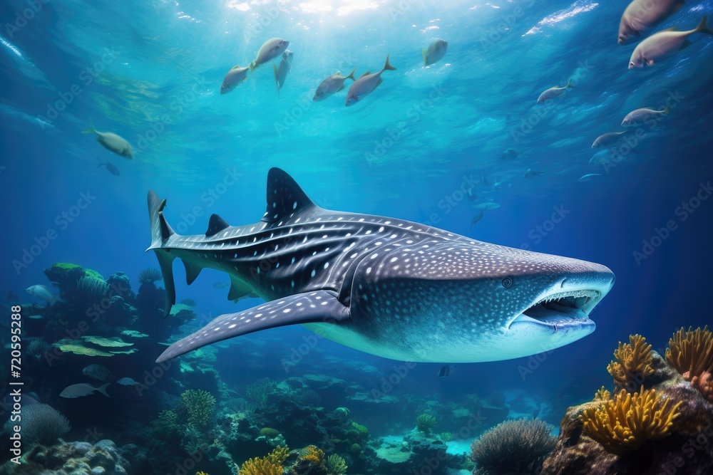 Fototapeta premium Majestic Whale Gliding Above Vibrant Coral Reef in Ocean, Whale shark, Rhincodon typus, in a tropical coral reef, AI Generated