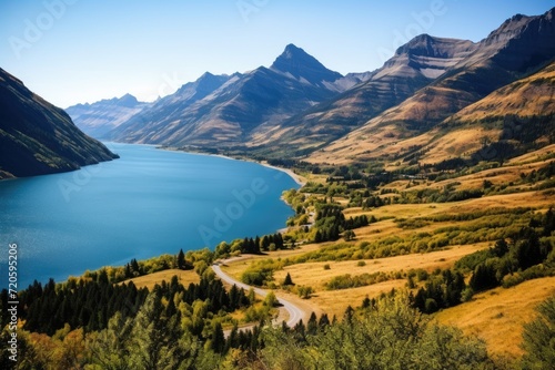 Majestic Lake Surrounded by Towering Mountains and Tranquil Beauty, Waterton Lakes National Park, a UNESCO World Heritage Site, AI Generated © Ifti Digital