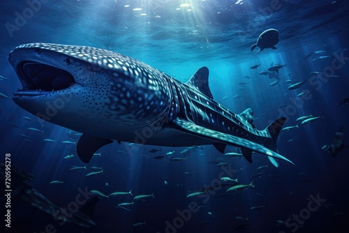 A massive whale gracefully swims through the expansive blue waters, Whale shark and a school of sharks in the deep blue ocean, AI Generated