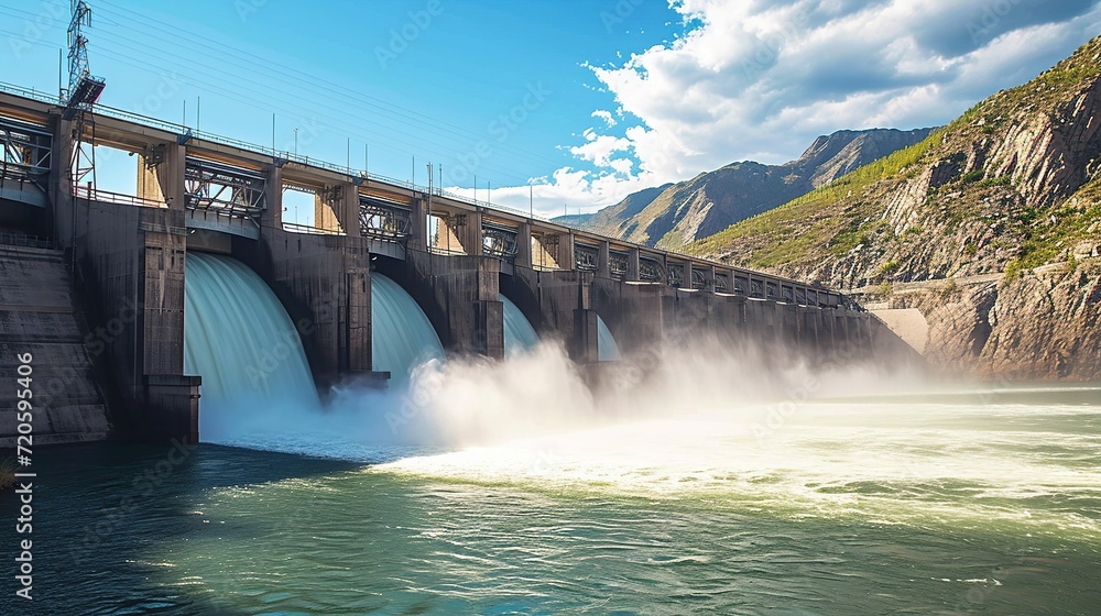 Portrait a large dam with water flowing out. Hydroelectric power plant background.
