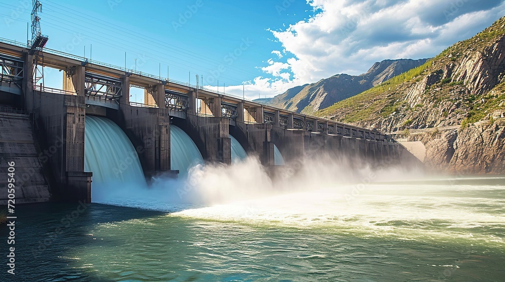 Portrait a large dam with water flowing out. Hydroelectric power plant background. Portrait a large dam with water flowing out. Hydroelectric power plant background.