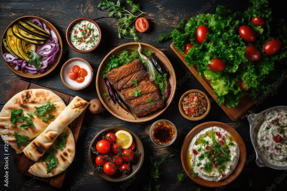 Traditional turkish pizza with meat and vegetables on wooden background. Top view, Selection of traditional Greek food, salad, meze, pie, fish, tzatziki, dolma on a wood background, AI Generated