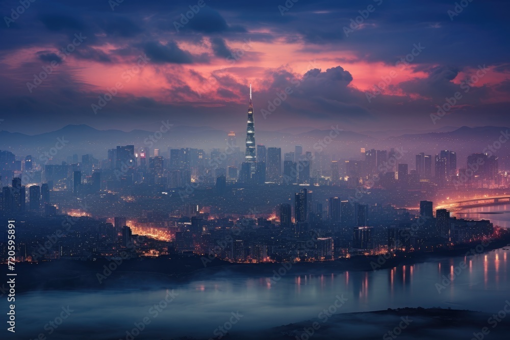 Fototapeta premium Beautiful night view of Hong Kong city skyline with skyscrapers, Seoul Skyline, AI Generated