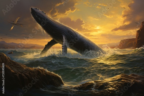 Humpback whale in the sea at sunset. 3d render, Seascape with a whale tail, AI Generated photo