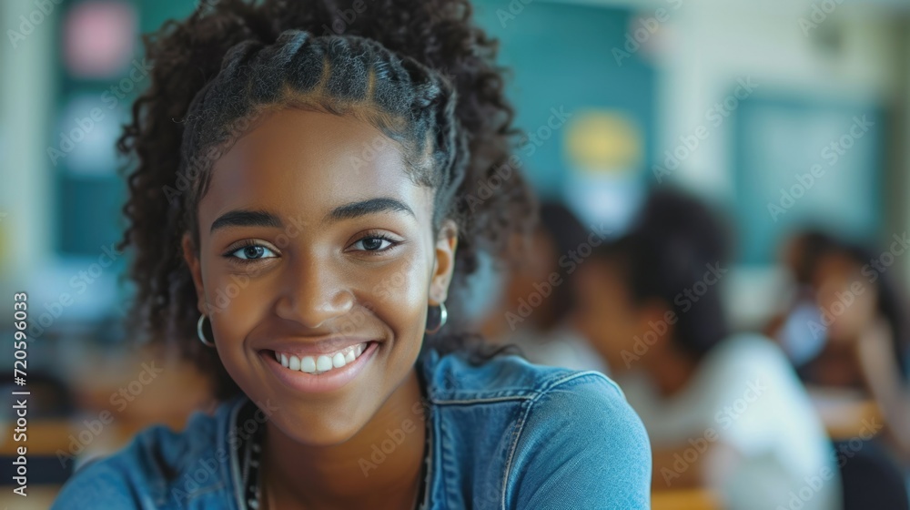 African American student sit at class and learning. School, university or college education concept. Young black teenager portrait. Person study at campus. Smiling confident girl prepare for exam. African American student sit at class and learning. School, university or college education concept. Young black teenager portrait. Person study at campus. Smiling confident girl prepare for exam.