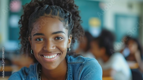 African American student sit at class and learning. School, university or college education concept. Young black teenager portrait. Person study at campus. Smiling confident girl prepare for exam.