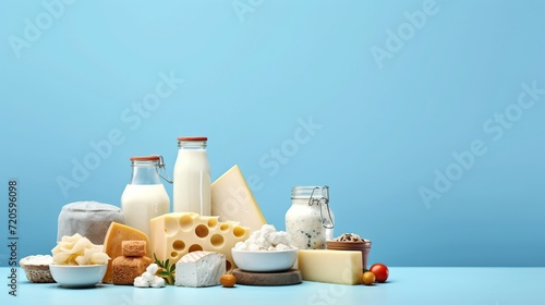 Dairy Products on a Blue Background with Copy Space, healthy food.