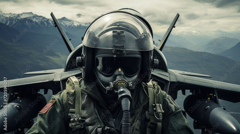 Fototapeta premium close-up a fighter pilot cockpit view under cloudy blue sky.