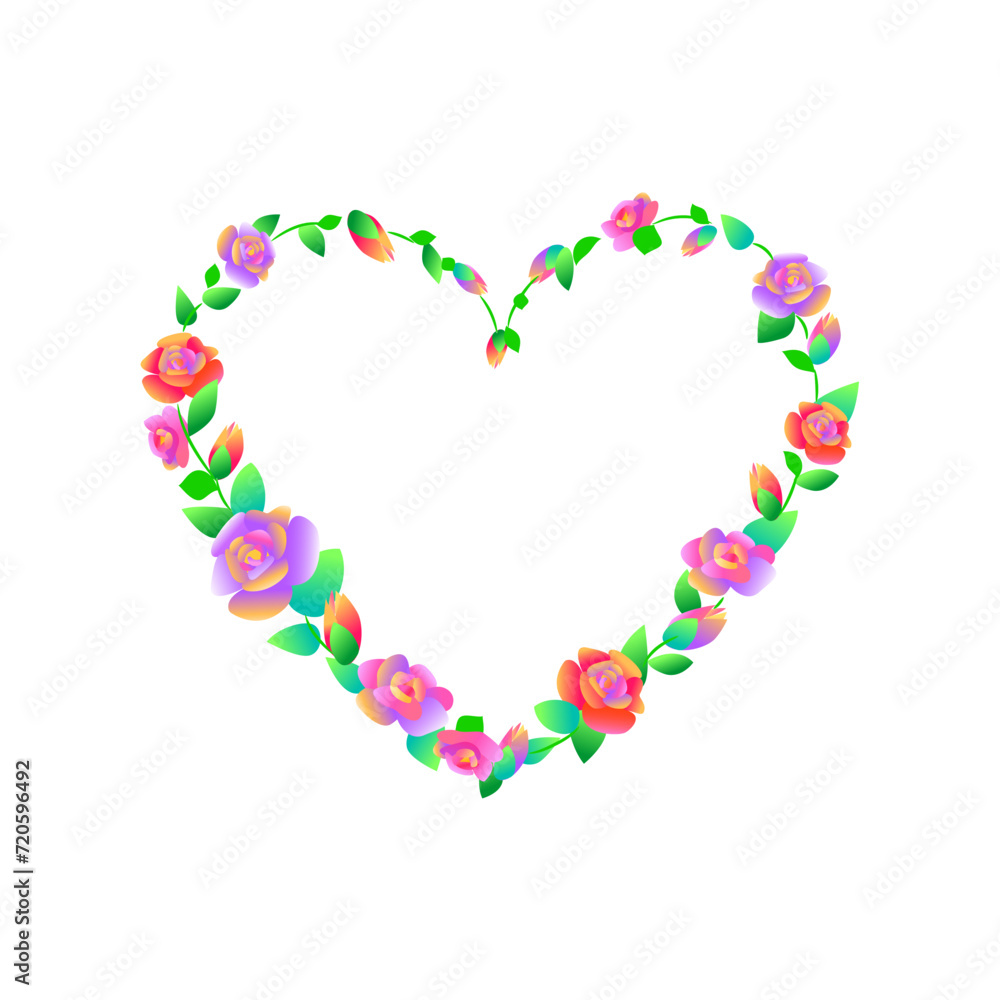 Bright flowers in the shape of a heart, on a white background.
