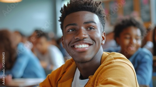 African American student sit at class and learning. School, university or college education concept. Young black teenager portrait. Person study at campus. Smiling confident guy prepare for exam.