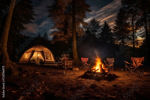 Scenic campfire with burning wood near people, chairs, and camping tent in forest