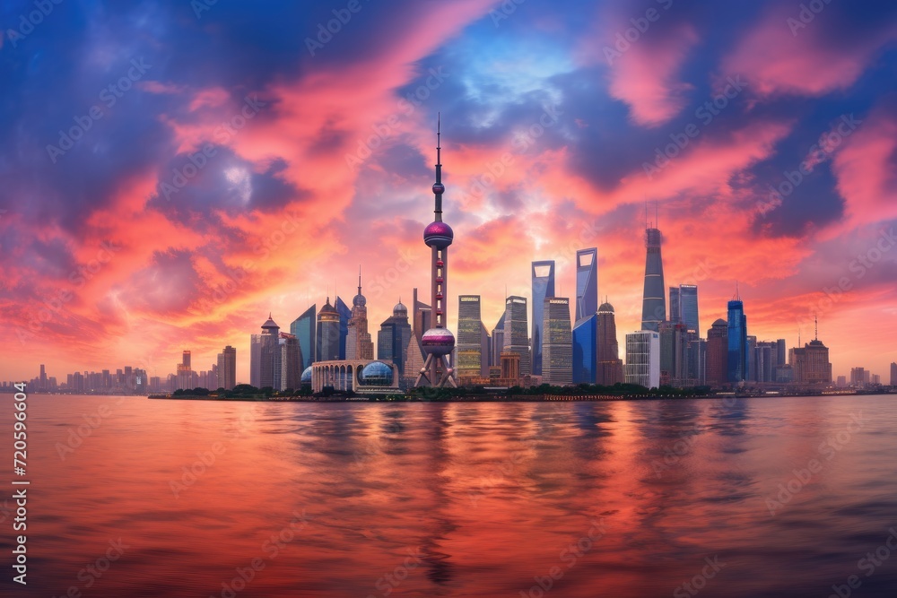 Shanghai skyline at sunset, China. Panoramic view, Shanghai skyline panorama with the Huangpu river, China, AI Generated