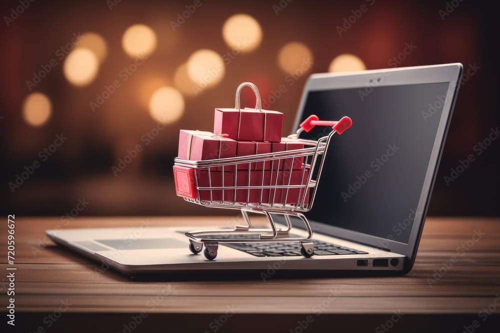 Shopping cart with gift boxes on laptop. Online shopping concept, Shopping cart and shopping bags on a laptop, Online shopping concept, AI Generated